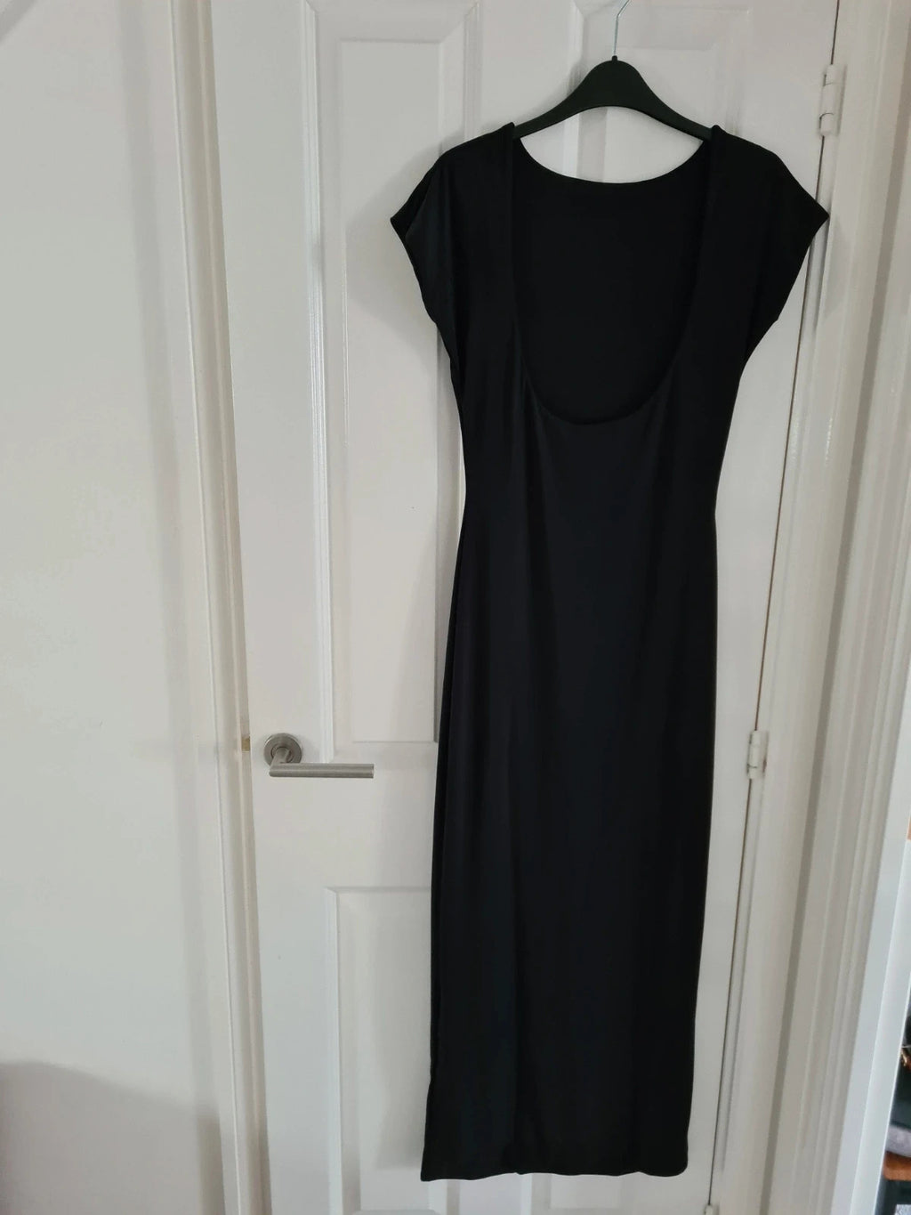 Kaiia women exclusive double layered slinky cap sleeve low back maxi dress bodycon black L/12