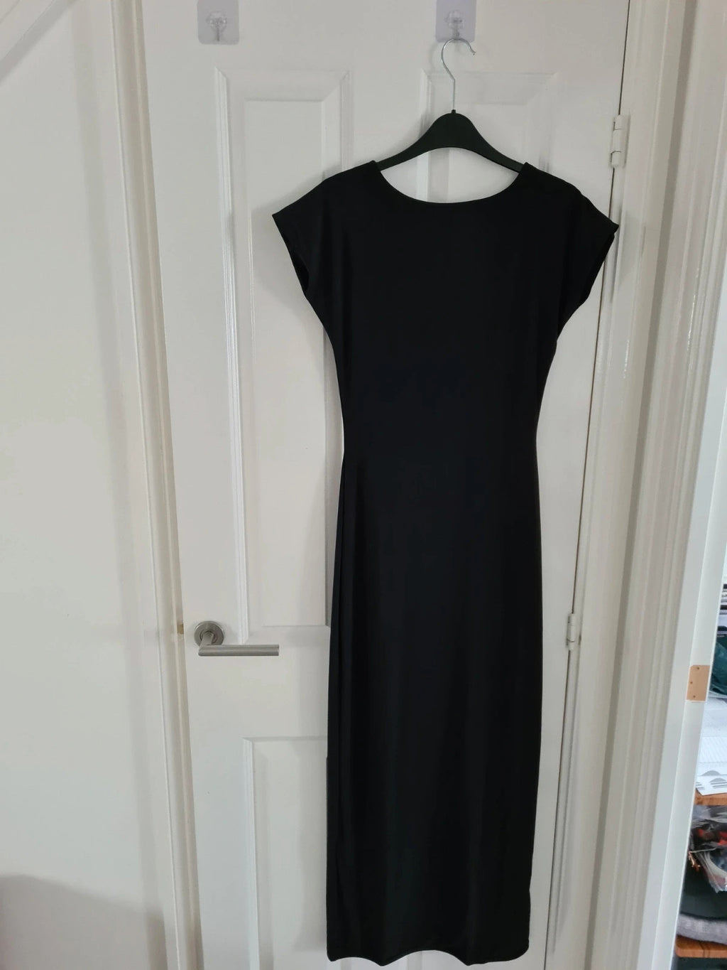 Kaiia women exclusive double layered slinky cap sleeve low back maxi dress bodycon black L/12