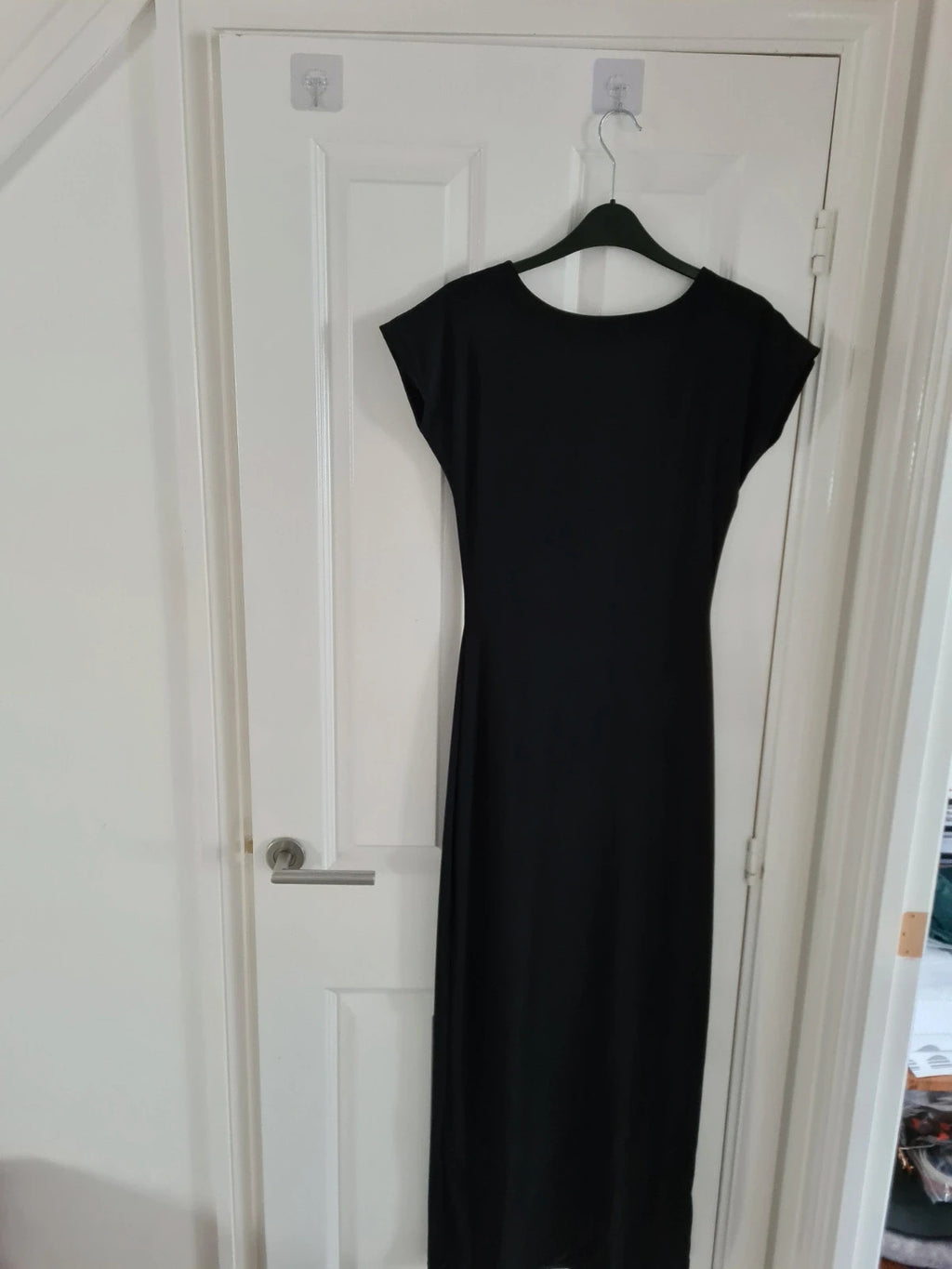Kaiia women exclusive double layered slinky cap sleeve low back maxi dress bodycon black L/12