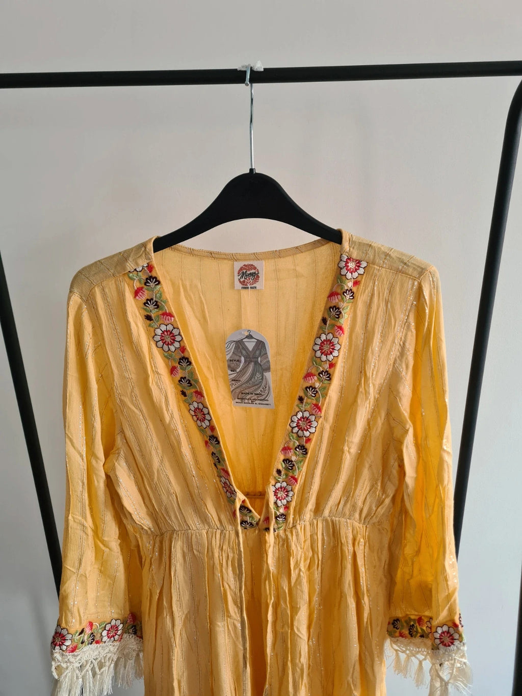 Manmy Women indian folk dress long sleeve V-neck embroidered boho holiday dress yellow M/L-10/12