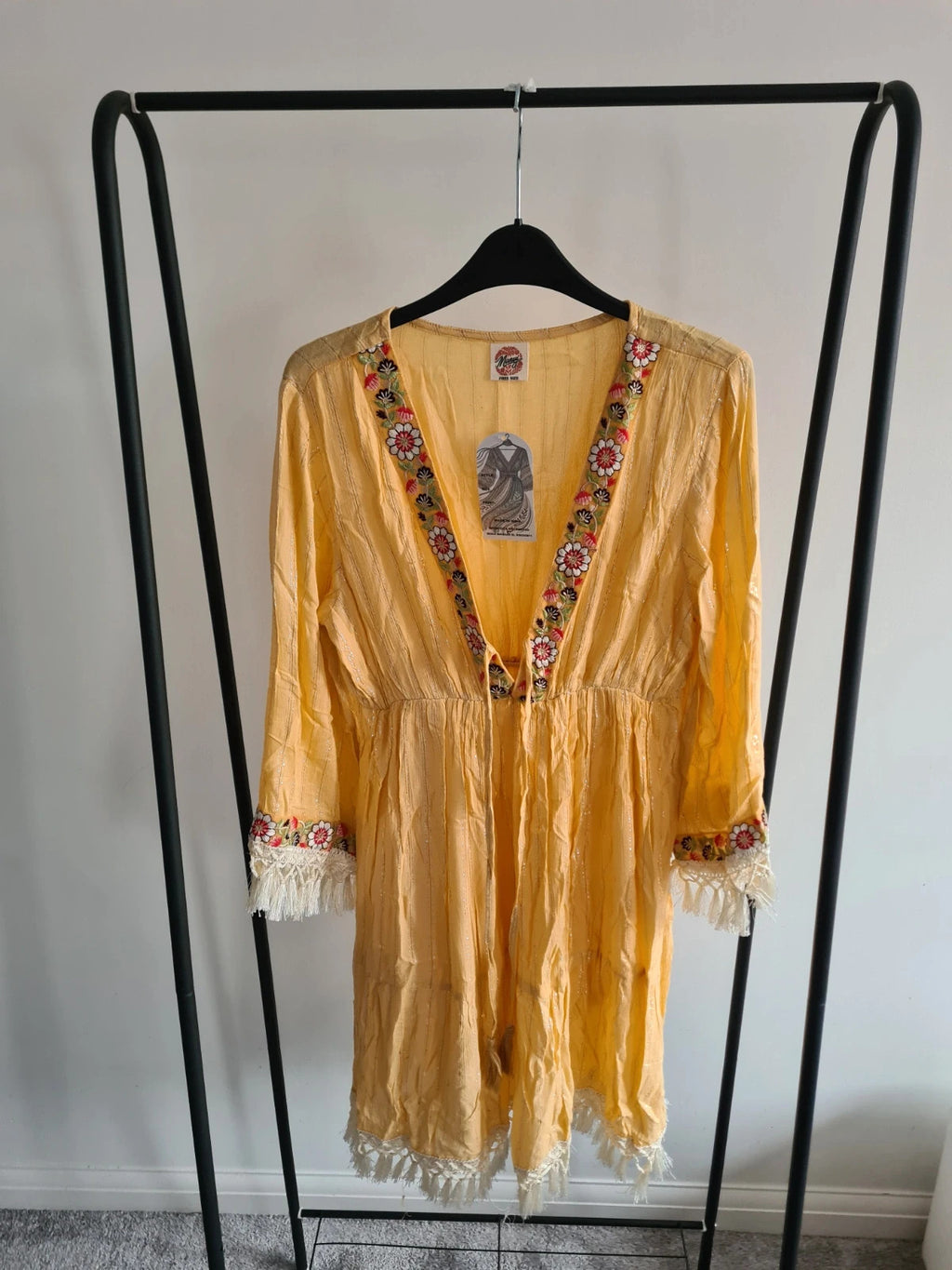Manmy Women indian folk dress long sleeve V-neck embroidered boho holiday dress yellow M/L-10/12