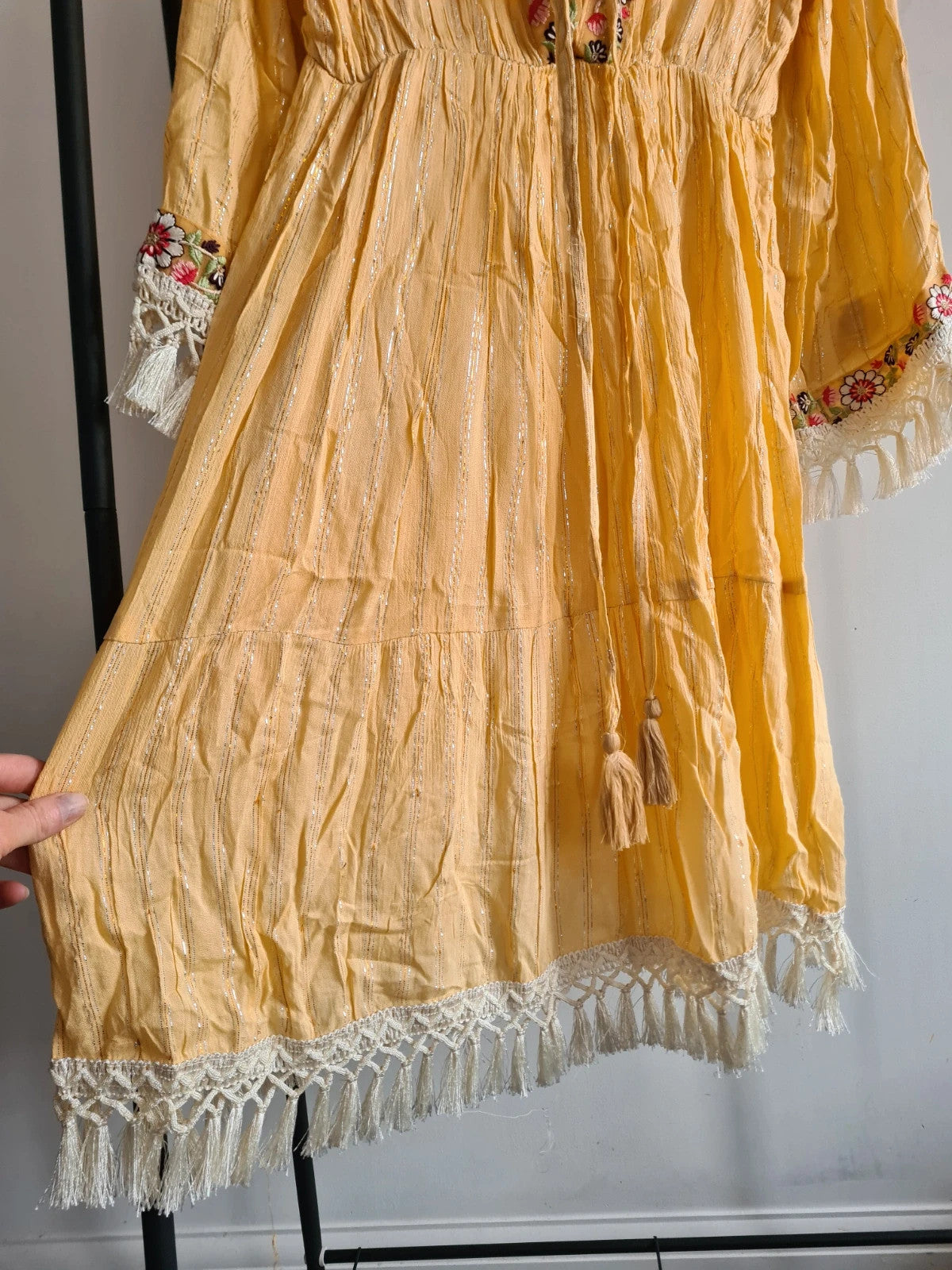 Manmy Women indian folk dress long sleeve V-neck embroidered boho holiday dress yellow M/L-10/12