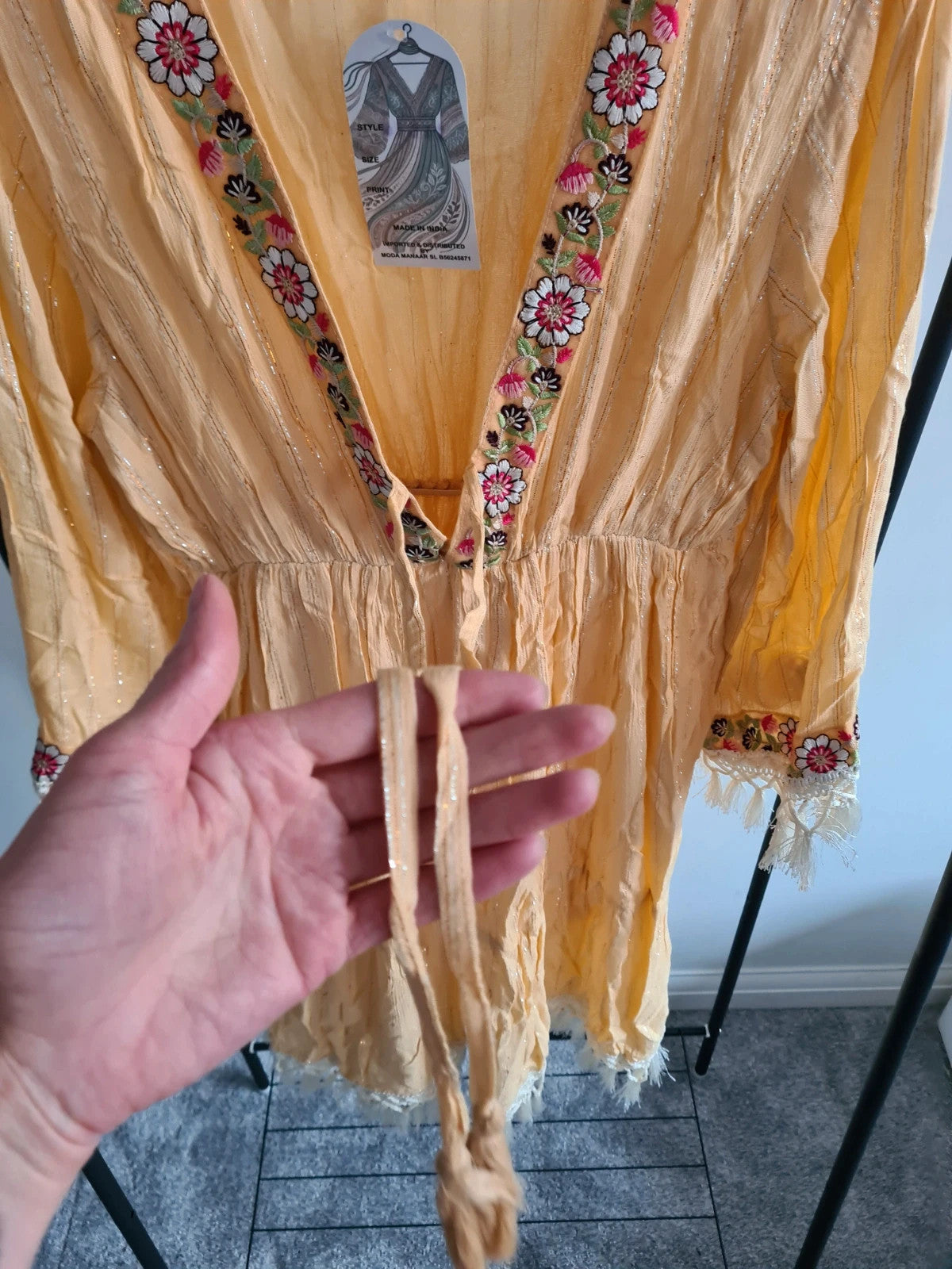 Manmy Women indian folk dress long sleeve V-neck embroidered boho holiday dress yellow M/L-10/12