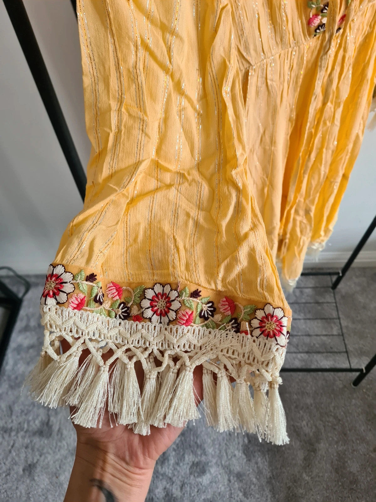 Manmy Women indian folk dress long sleeve V-neck embroidered boho holiday dress yellow M/L-10/12