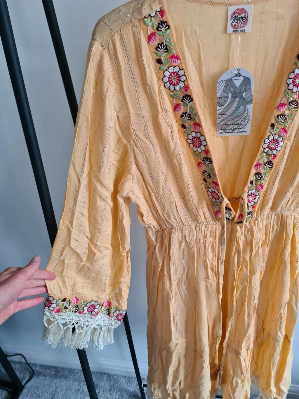 Manmy Women indian folk dress long sleeve V-neck embroidered boho holiday dress yellow M/L-10/12