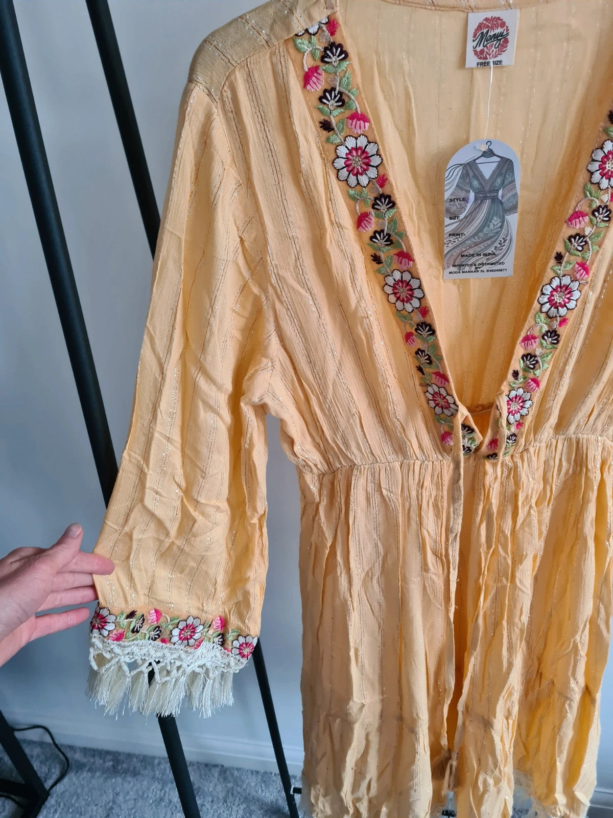 Manmy Women indian folk dress long sleeve V-neck embroidered boho holiday dress yellow M/L-10/12