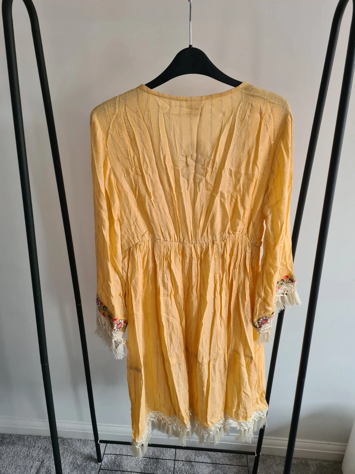 Manmy Women indian folk dress long sleeve V-neck embroidered boho holiday dress yellow M/L-10/12