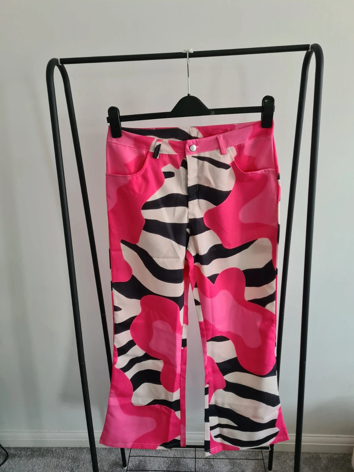 Shein women wide leg flared loose fit jeans trousers baggy pants zebra print with pink casual XL/14