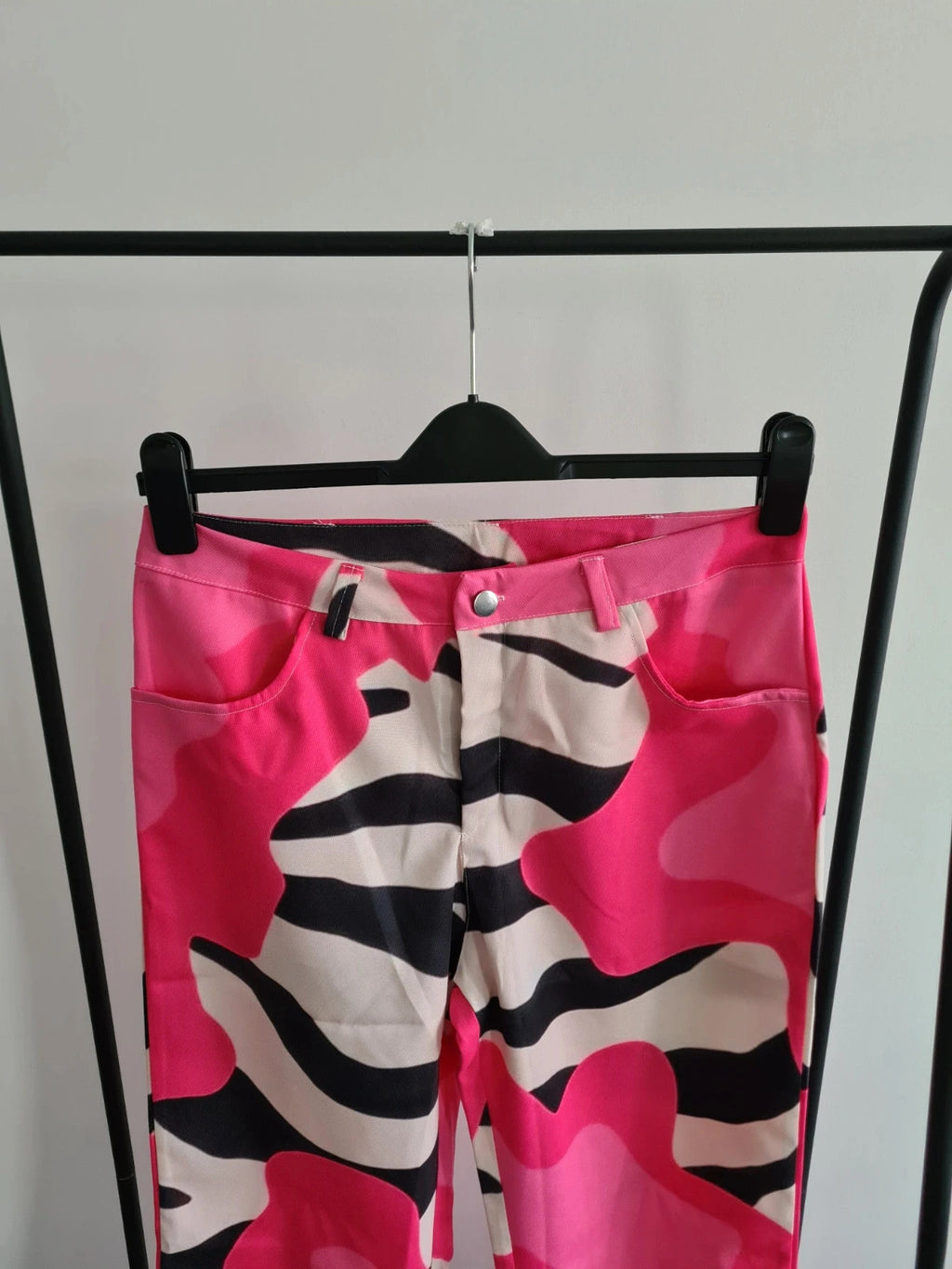 Shein women wide leg flared loose fit jeans trousers baggy pants zebra print with pink casual XL/14