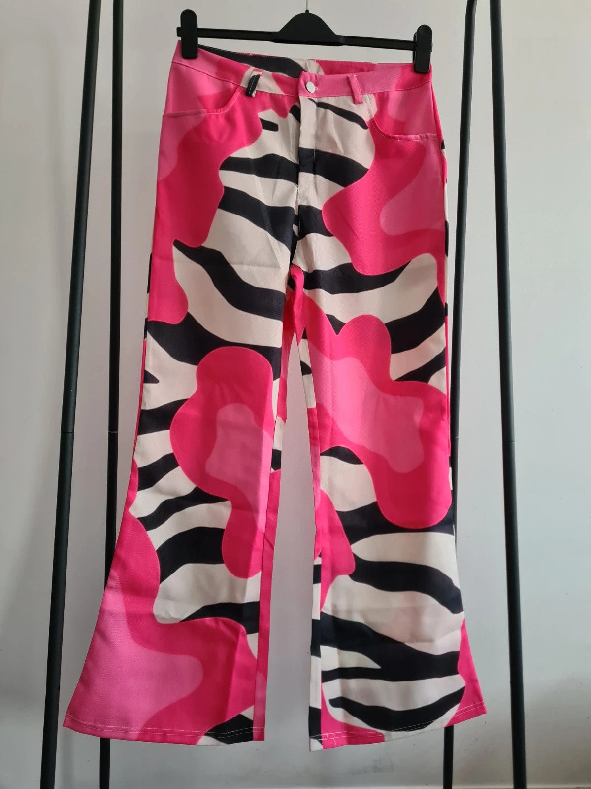 Shein women wide leg flared loose fit jeans trousers baggy pants zebra print with pink casual XL/14