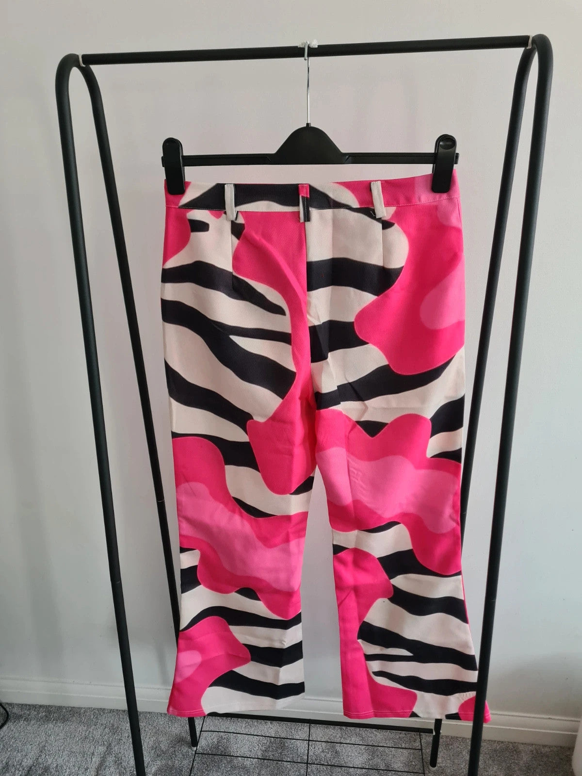 Shein women wide leg flared loose fit jeans trousers baggy pants zebra print with pink casual XL/14