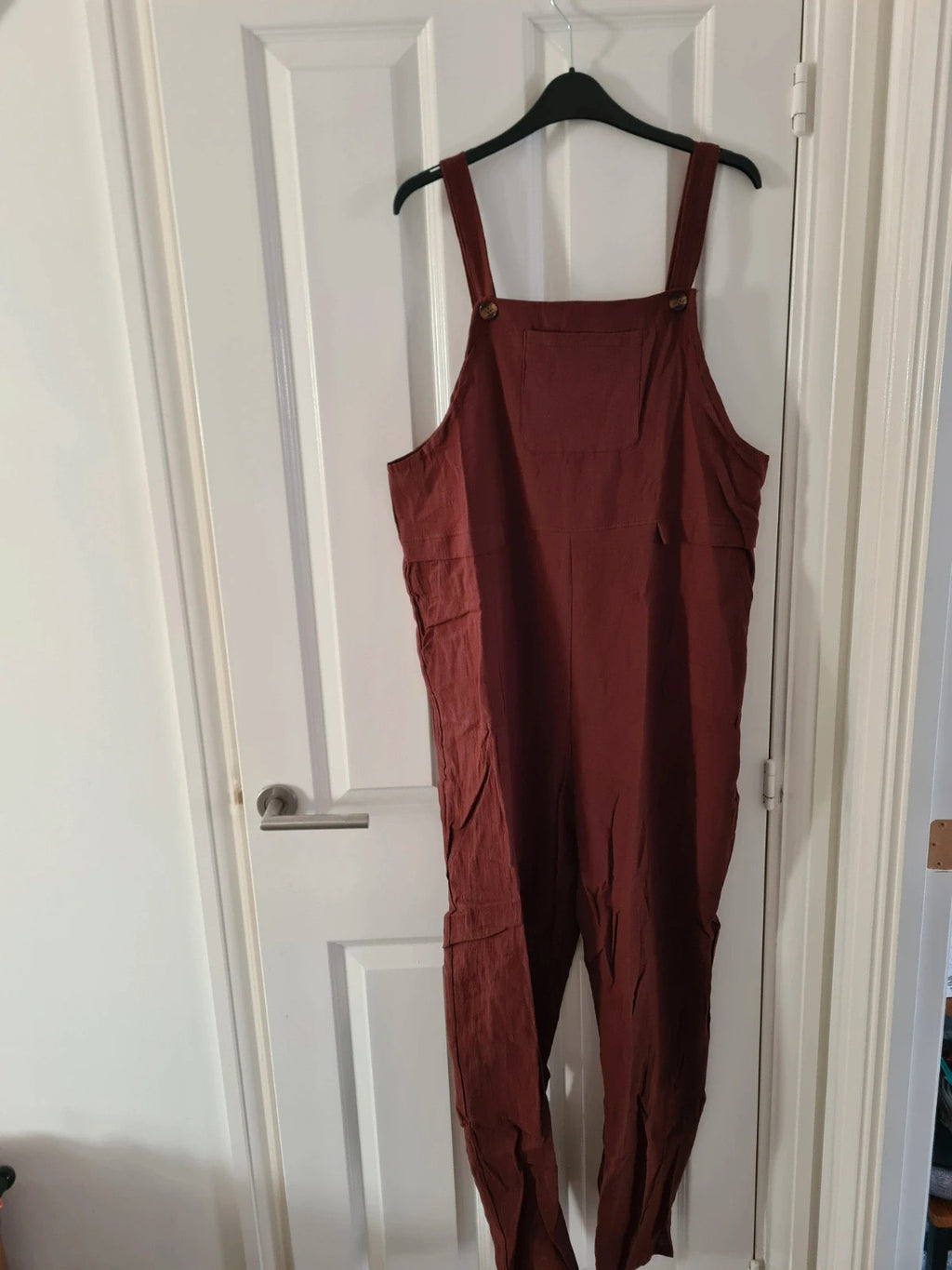Shein women dungares sleeveless long jumpsuit with pockets straight leg brown casual L