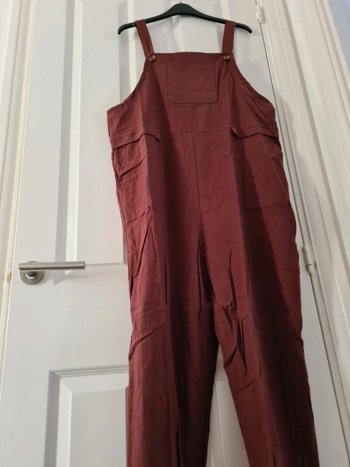 Shein women dungares sleeveless long jumpsuit with pockets straight leg brown casual L