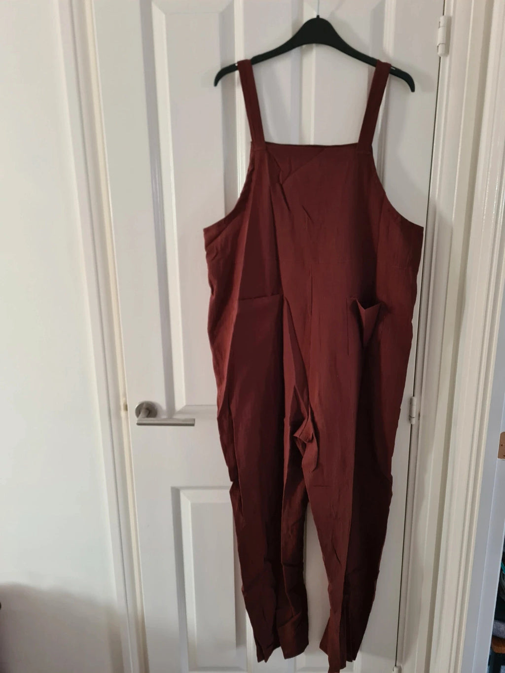 Shein women dungares sleeveless long jumpsuit with pockets straight leg brown casual L