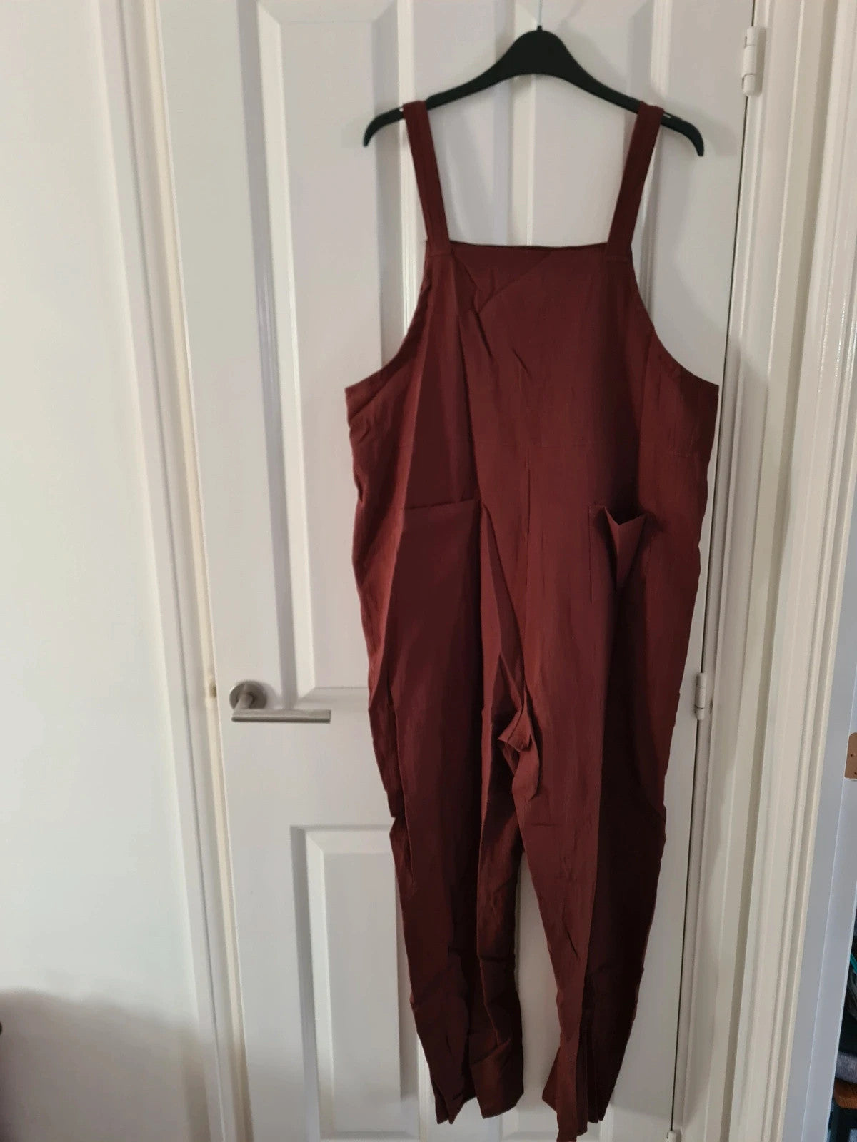 Shein women dungares sleeveless long jumpsuit with pockets straight leg brown casual L
