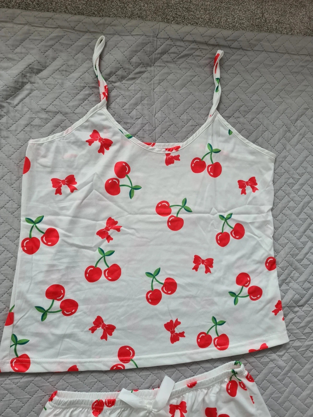 Shein women cherry print camisole top with shorts pyjamas set lounge white red L/12
