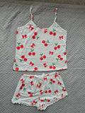 Shein women cherry print camisole top with shorts pyjamas set lounge white red L/12