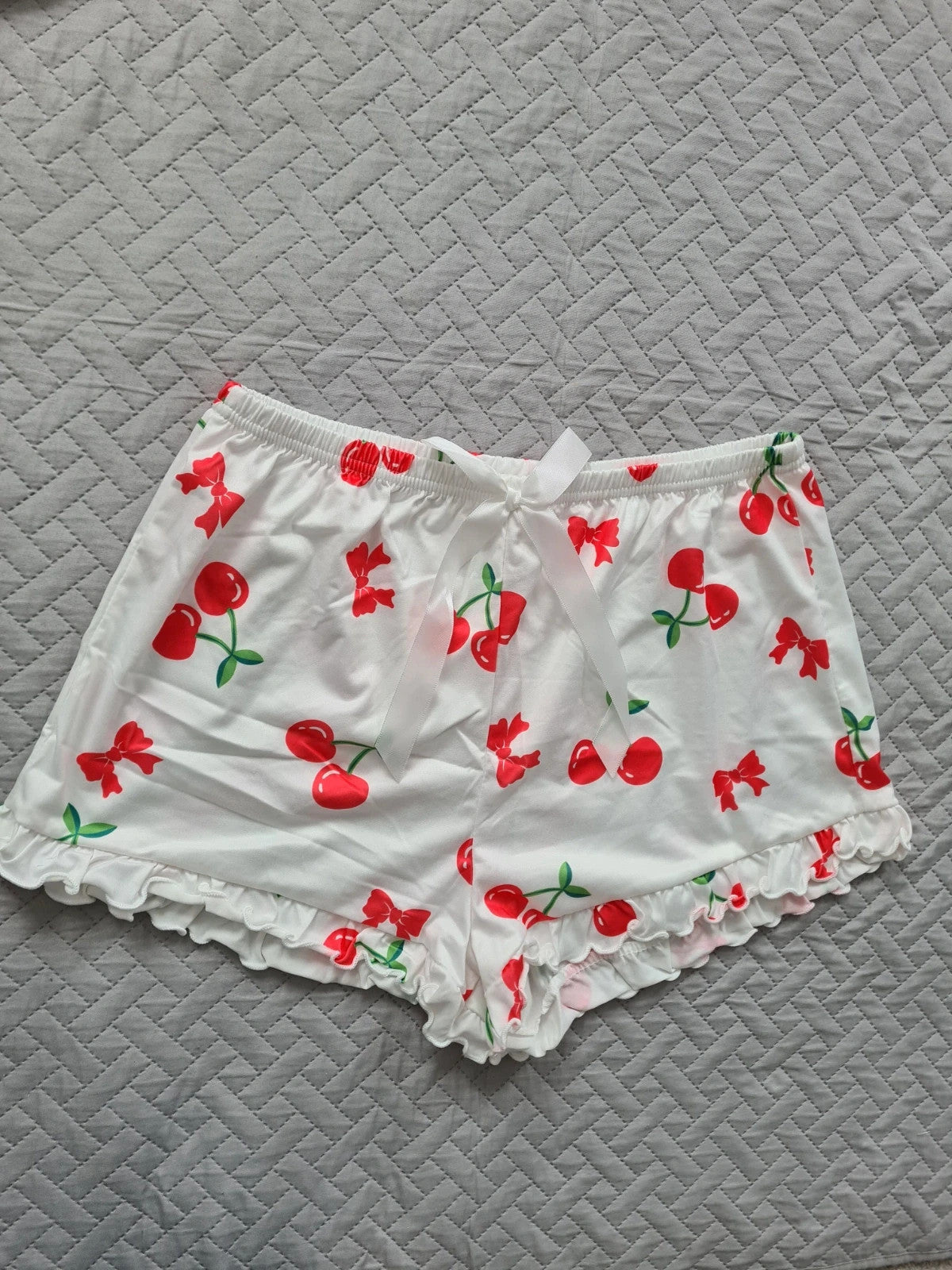 Shein women cherry print camisole top with shorts pyjamas set lounge white red L/12