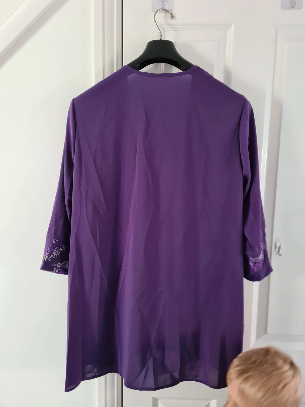 Shein women 3pcs elegant chiffon lace 3/4sleeve cardigan top wide straight leg purple suit 3XL/18