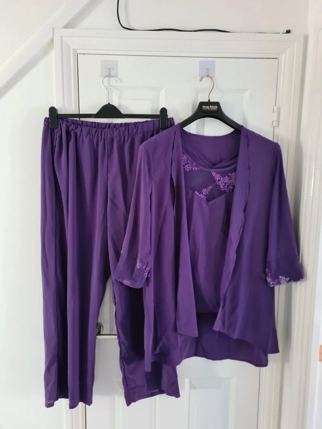 Shein women 3pcs elegant chiffon lace 3/4sleeve cardigan top wide straight leg purple suit 3XL/18
