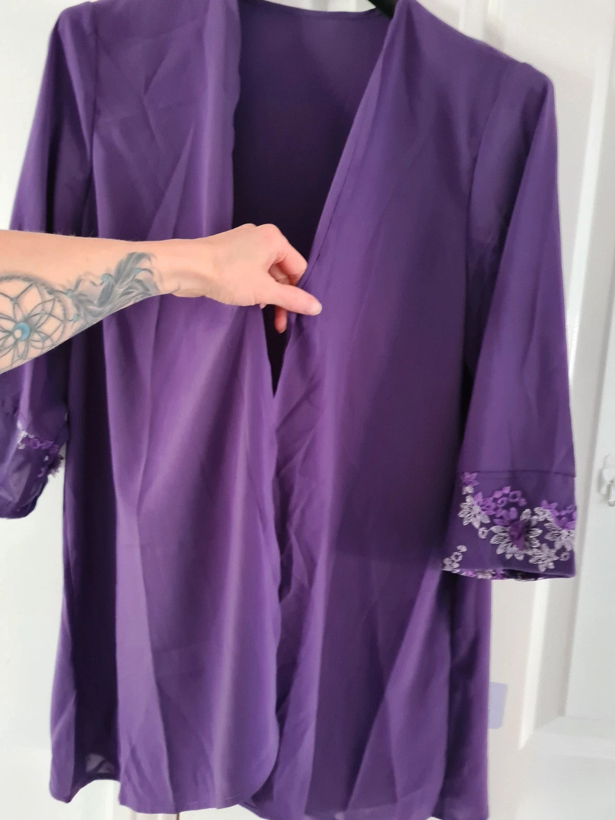 Shein women 3pcs elegant chiffon lace 3/4sleeve cardigan top wide straight leg purple suit 3XL/18