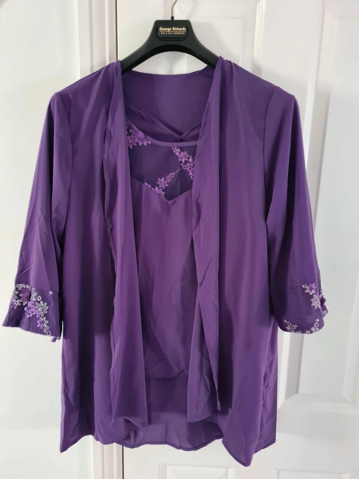 Shein women 3pcs elegant chiffon lace 3/4sleeve cardigan top wide straight leg purple suit 3XL/18