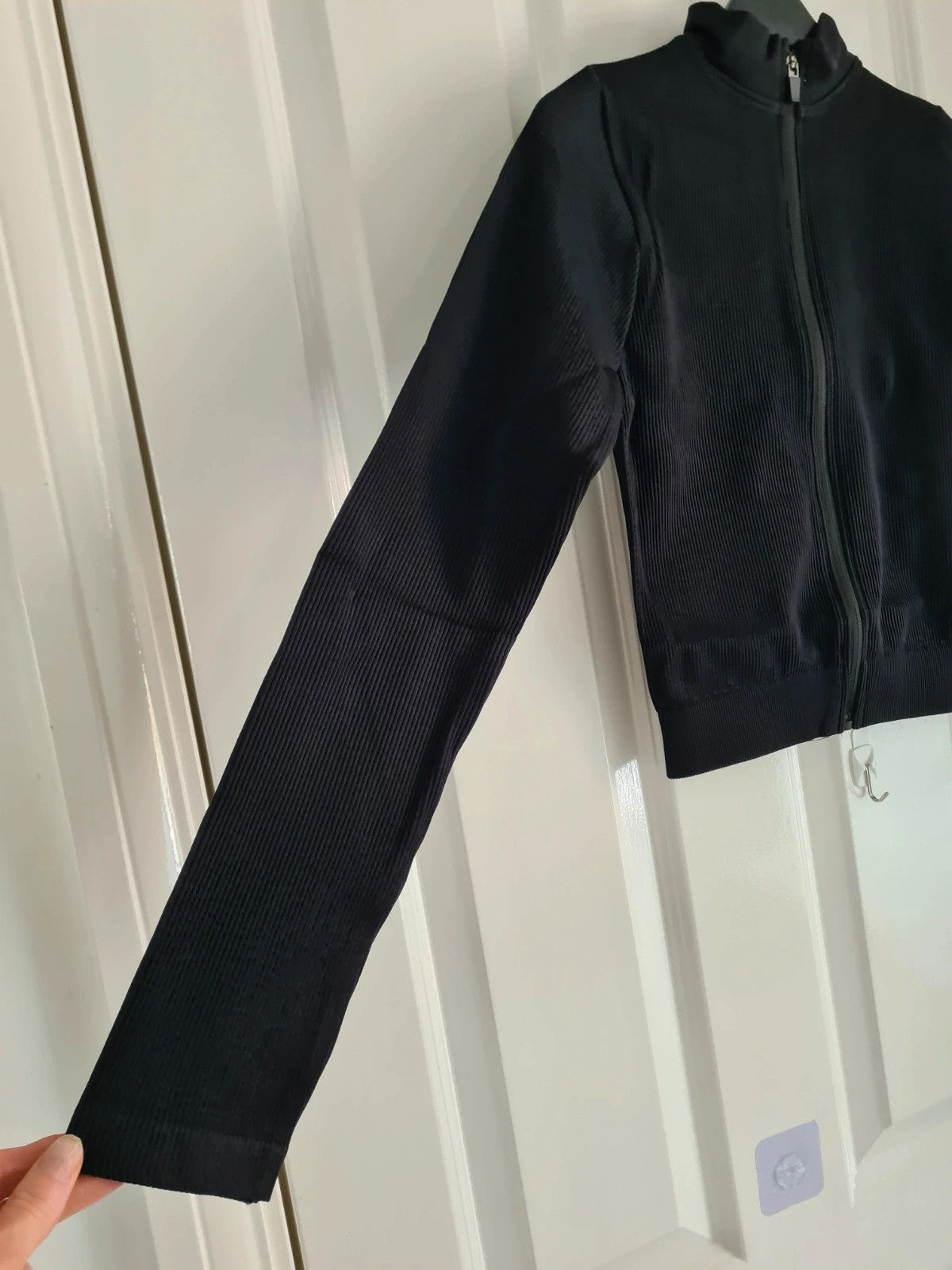 Shein women set black long sleeve jacket ribbed zip-up top high waist leggings activewear M/10
