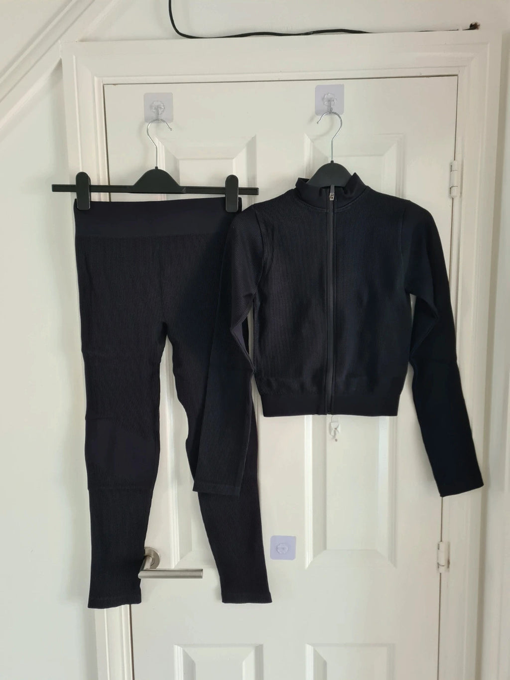 Shein women set black long sleeve jacket ribbed zip-up top high waist leggings activewear M/10