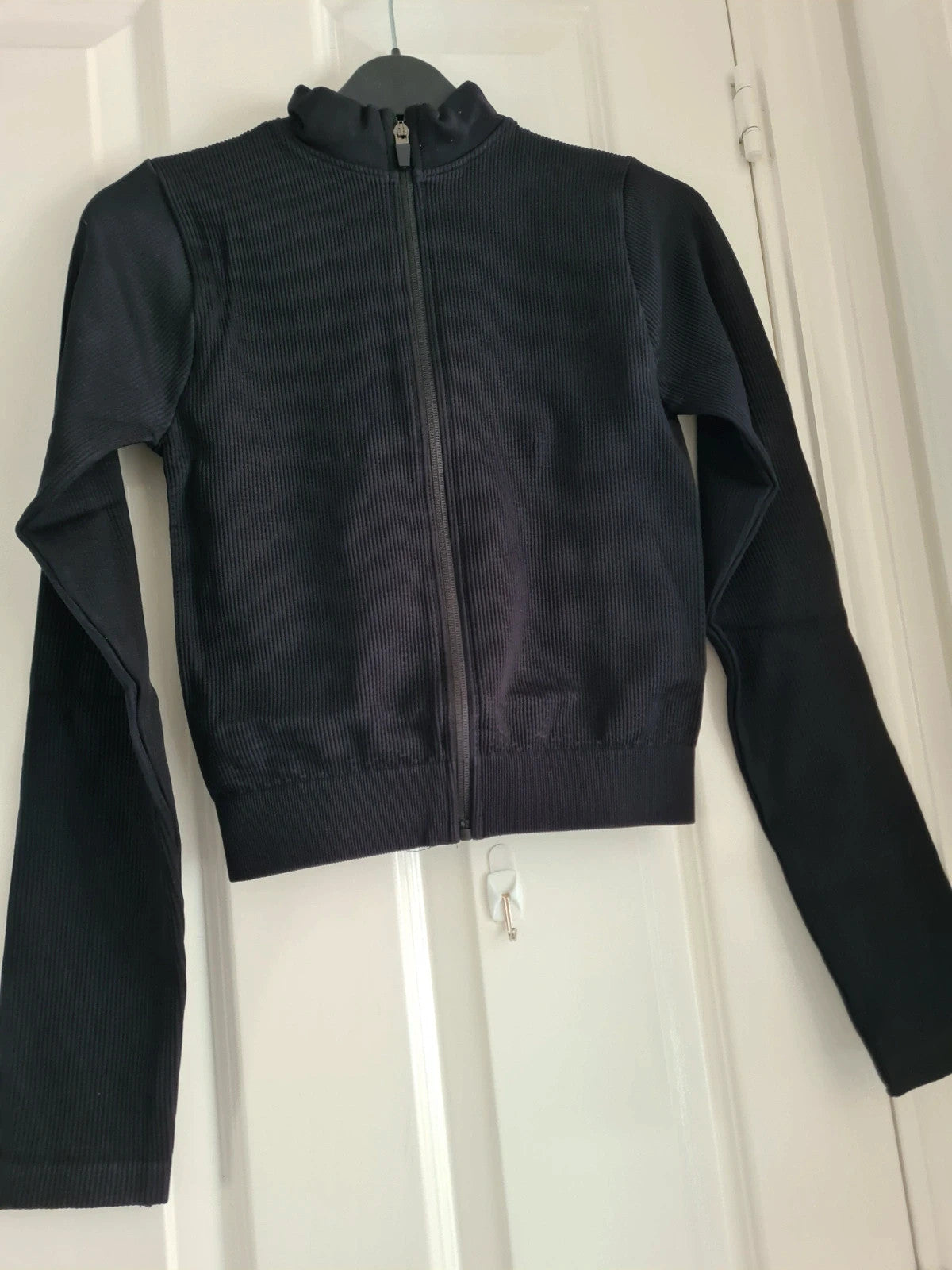 Shein women set black long sleeve jacket ribbed zip-up top high waist leggings activewear M/10