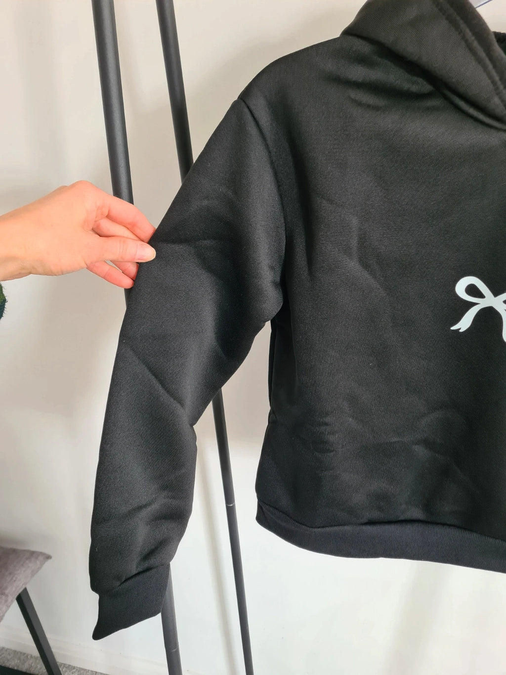 Shein kids girls 11y solid black hoodie with white bow everyday wear soft comfy