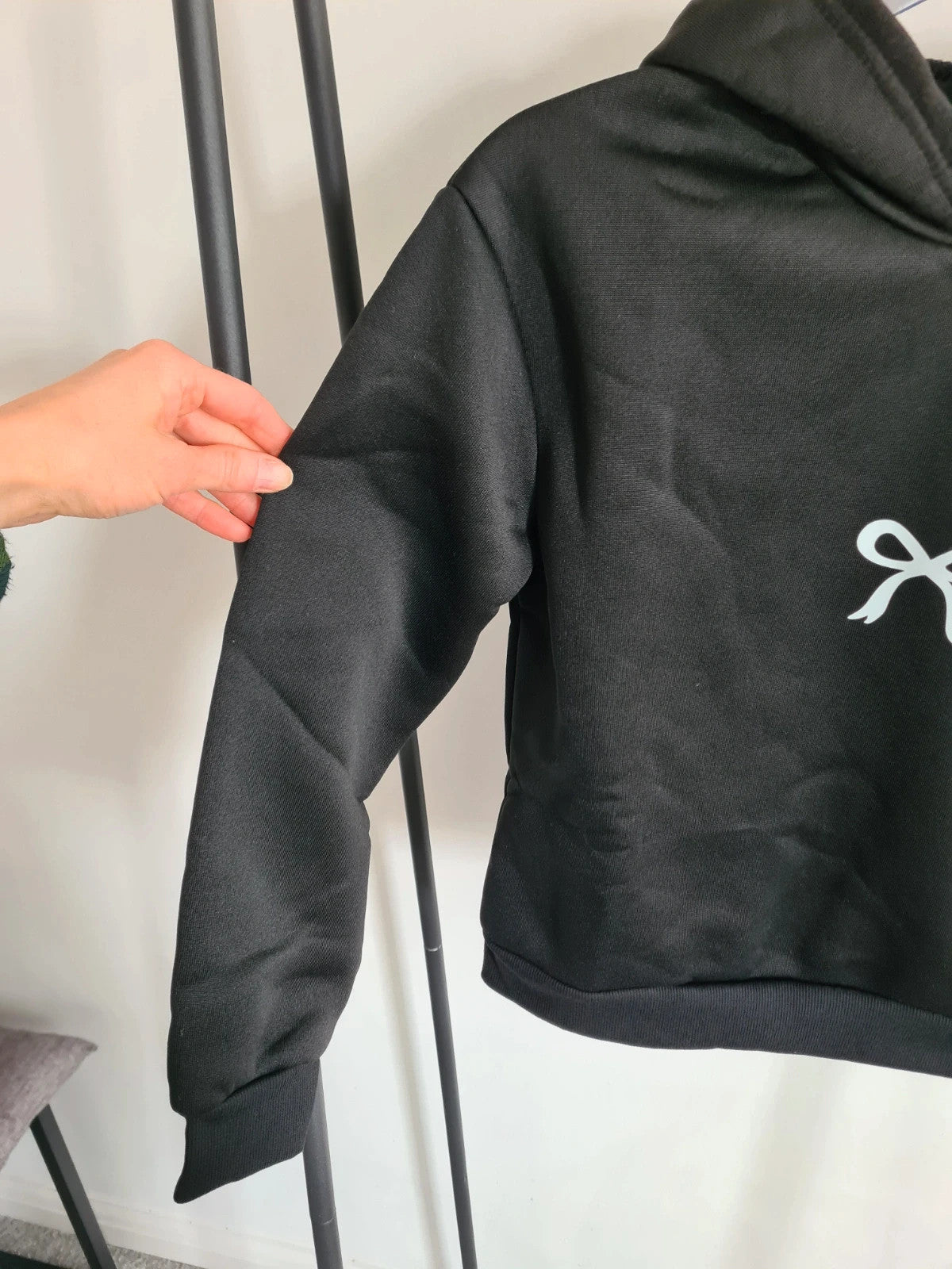 Shein kids girls 11y solid black hoodie with white bow everyday wear soft comfy