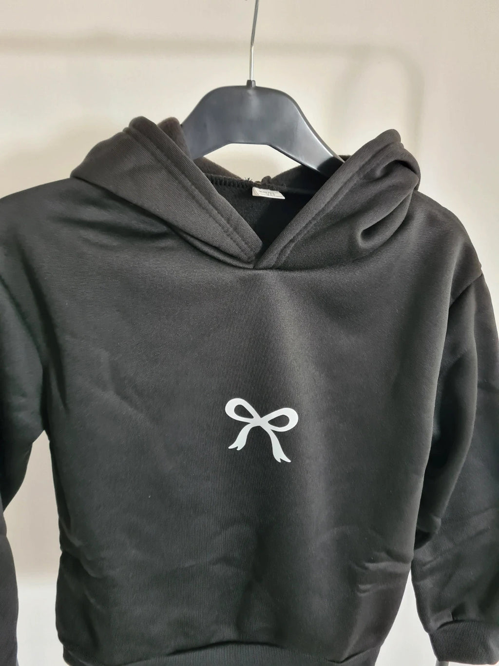 Shein kids girls 11y solid black hoodie with white bow everyday wear soft comfy