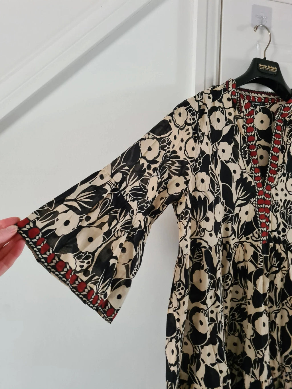 Roman women black floral print border maxi dress 3/4 sleeve smock shape soft cotton casual 2XL/16