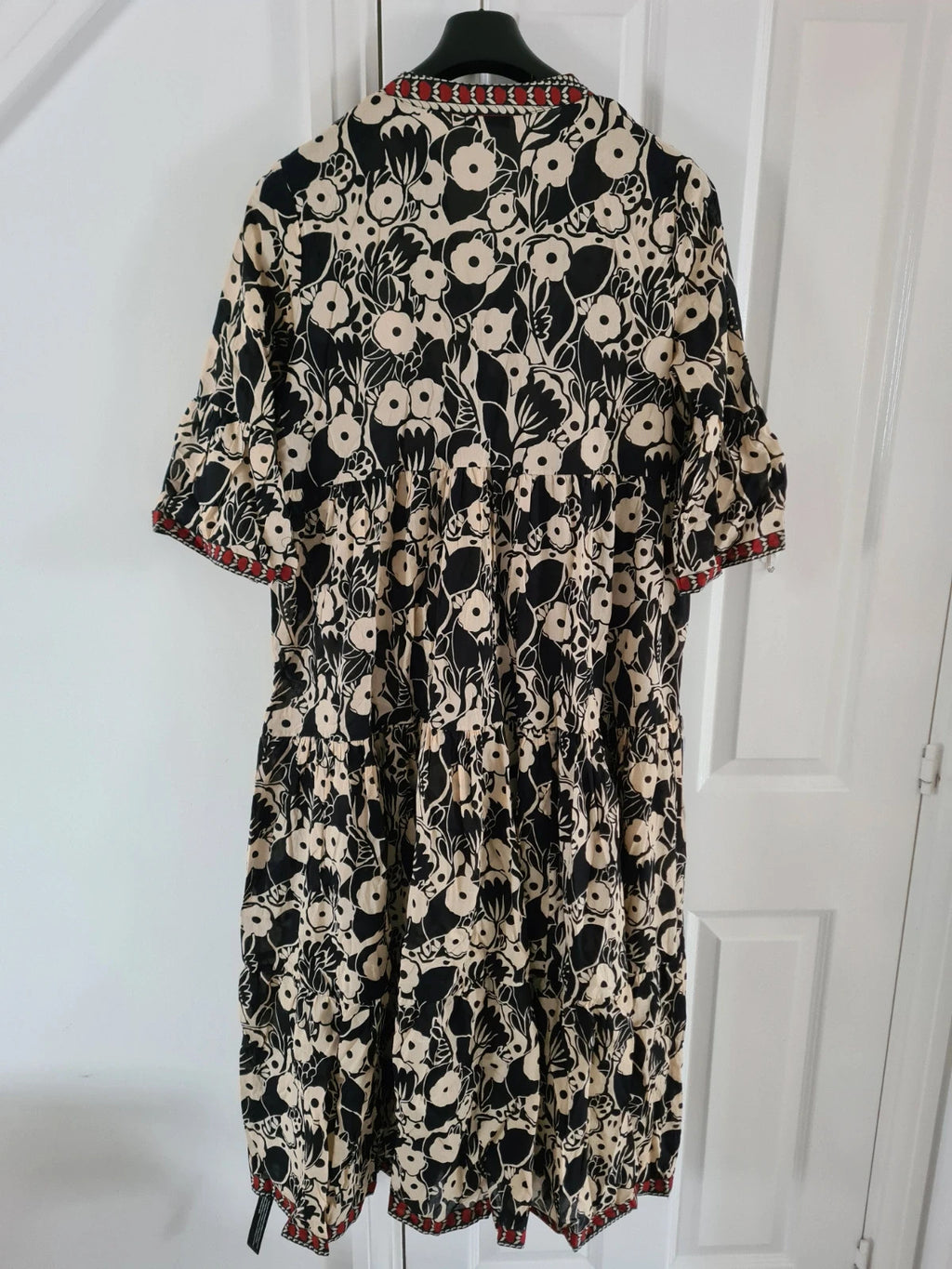 Roman women black floral print border maxi dress 3/4 sleeve smock shape soft cotton casual 2XL/16