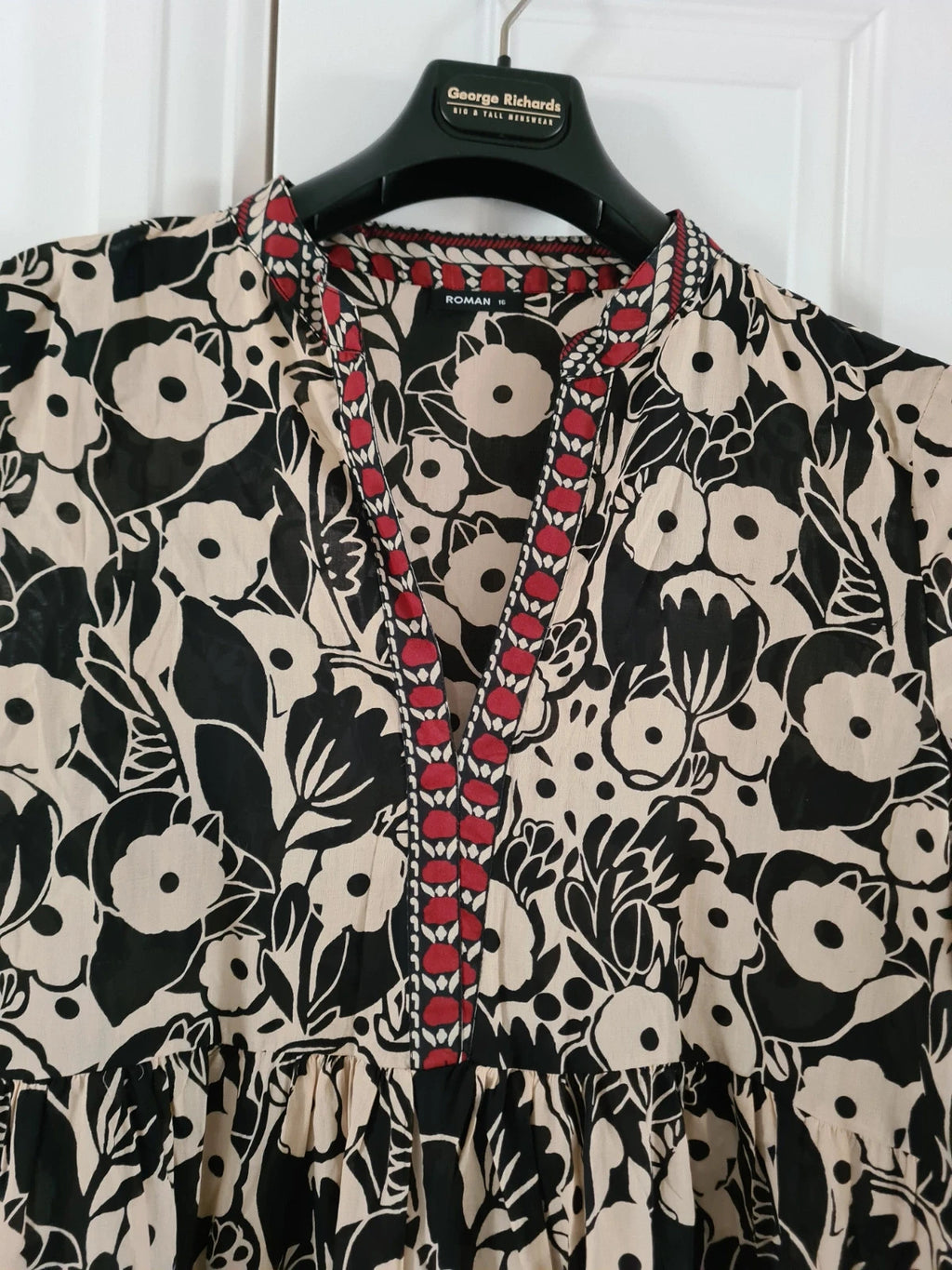 Roman women black floral print border maxi dress 3/4 sleeve smock shape soft cotton casual 2XL/16