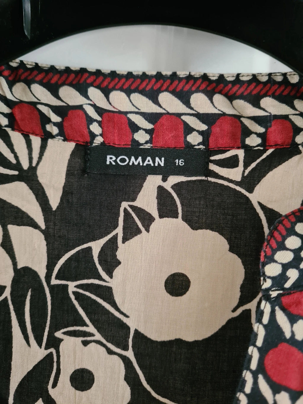Roman women black floral print border maxi dress 3/4 sleeve smock shape soft cotton casual 2XL/16