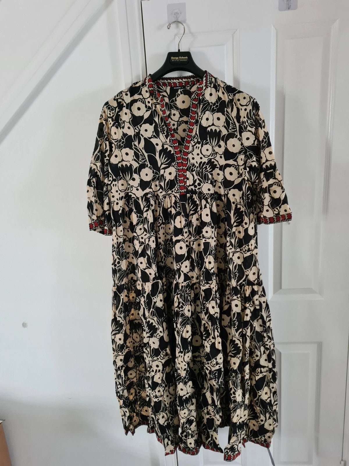 Roman women black floral print border maxi dress 3/4 sleeve smock shape soft cotton casual 2XL/16