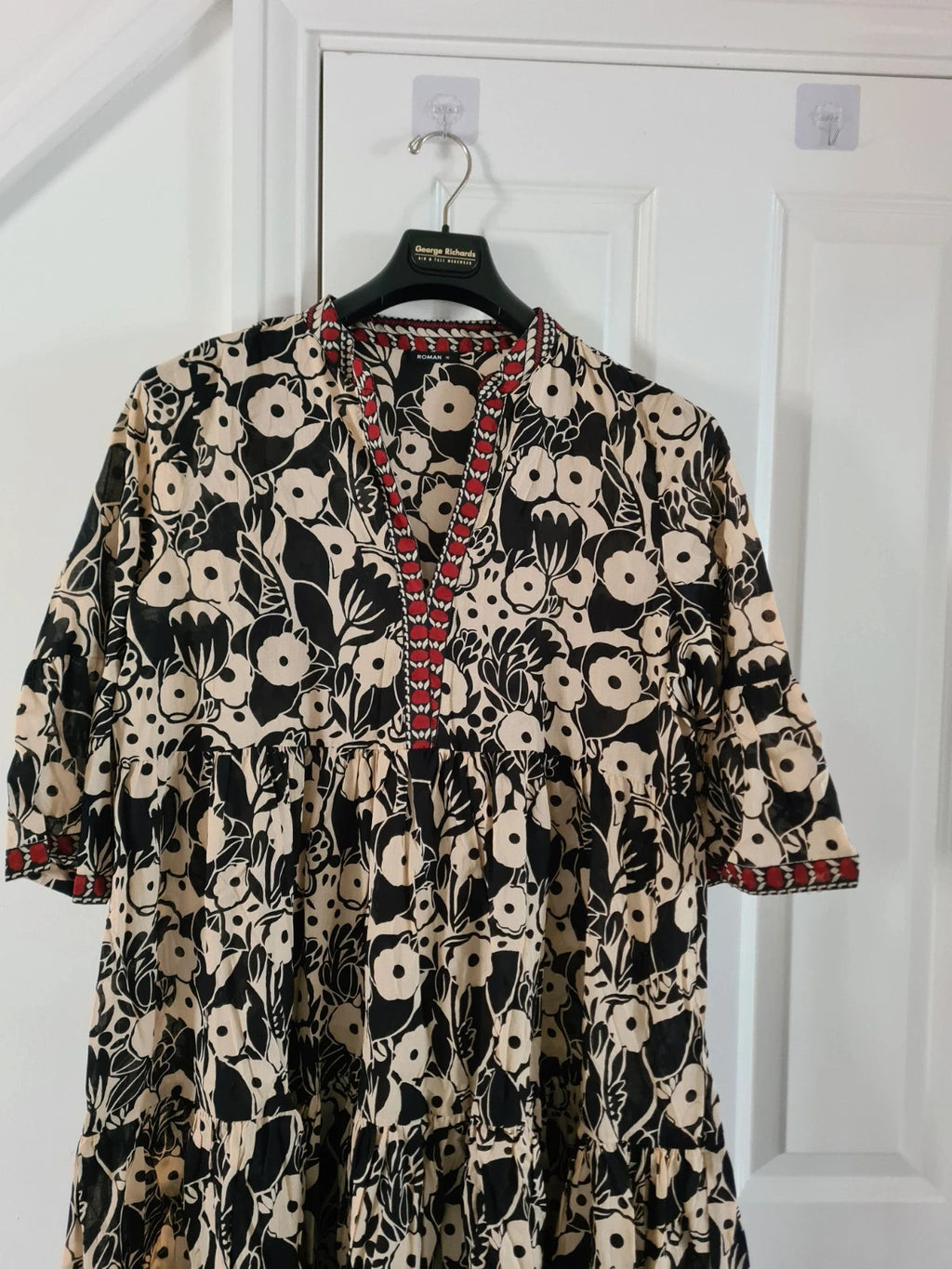Roman women black floral print border maxi dress 3/4 sleeve smock shape soft cotton casual 2XL/16