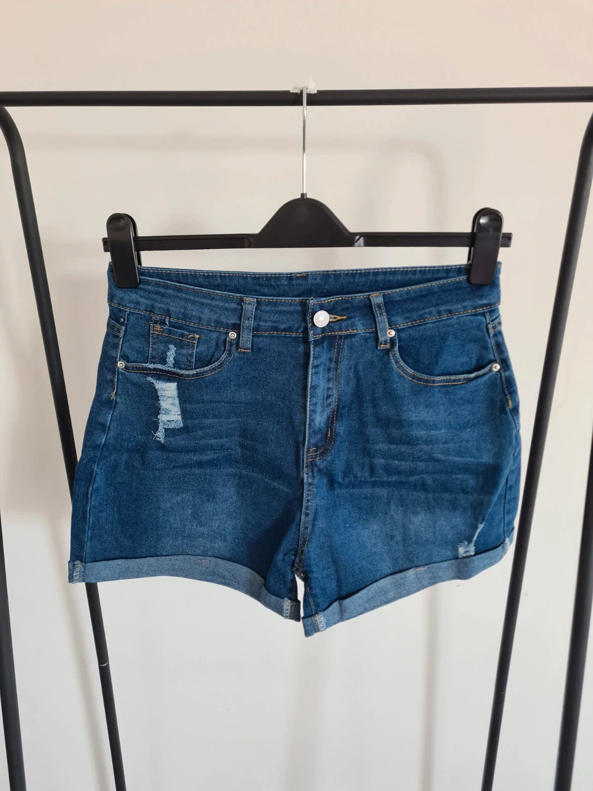 Shein women 2pcs cotton blend jeans denim shorts blue shorts with rubbing casual activewear M/10