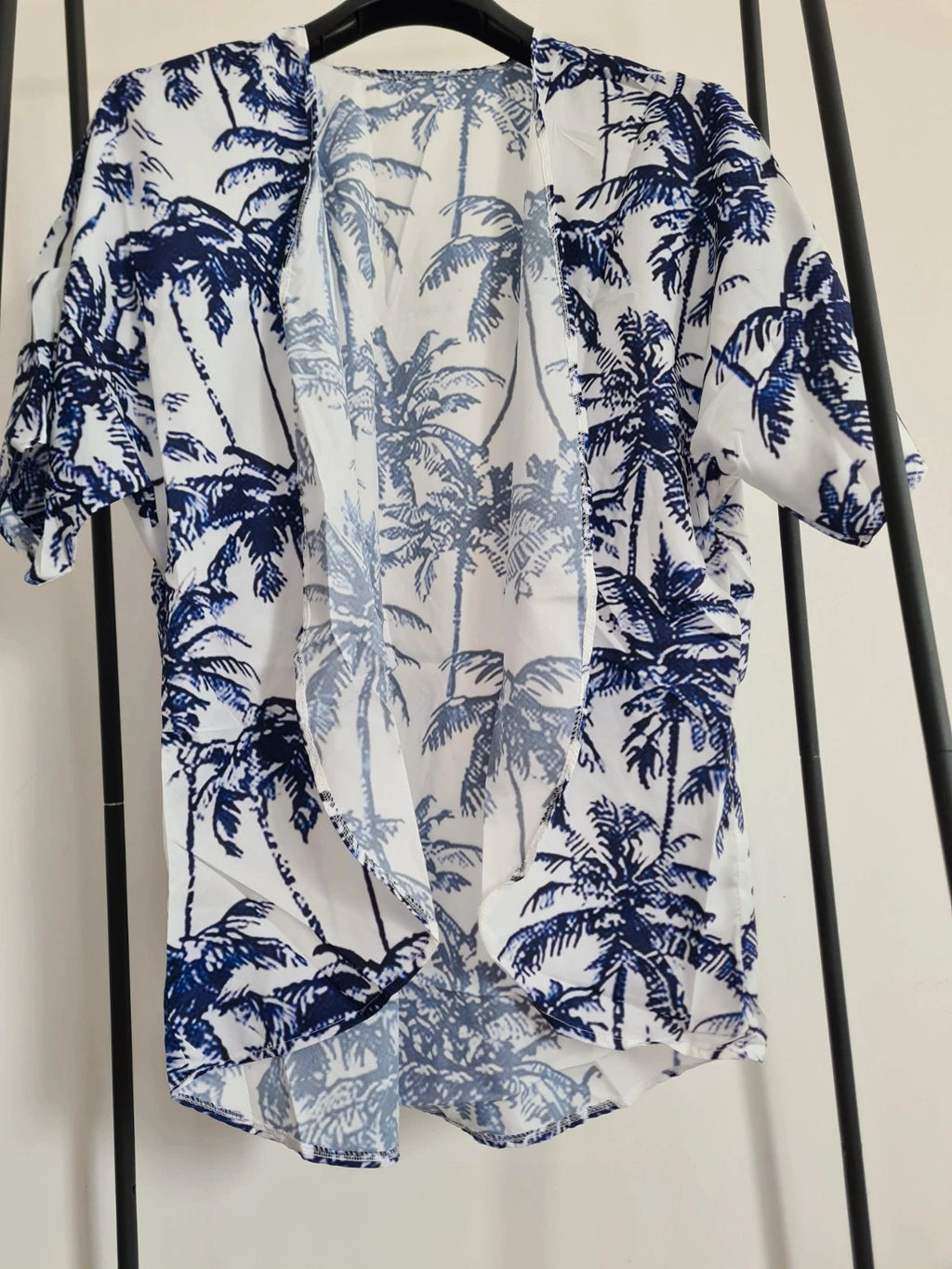 Shein women palms design shirt open front summer cover-up beach outfit lightweight white/blue XL/14