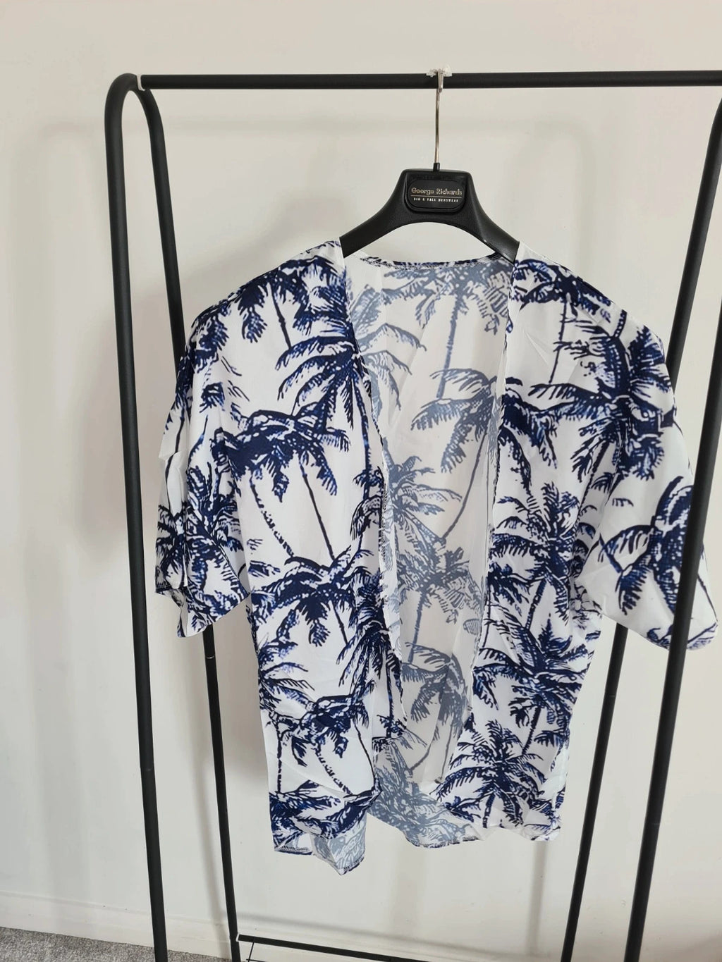 Shein women palms design shirt open front summer cover-up beach outfit lightweight white/blue XL/14
