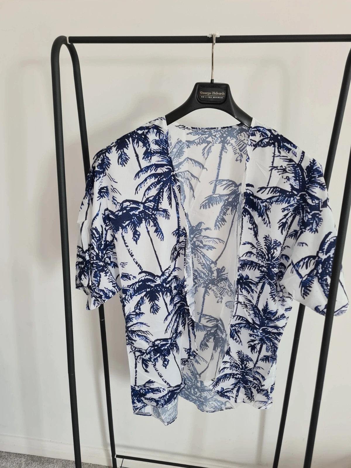 Shein women palms design shirt open front summer cover-up beach outfit lightweight white/blue XL/14