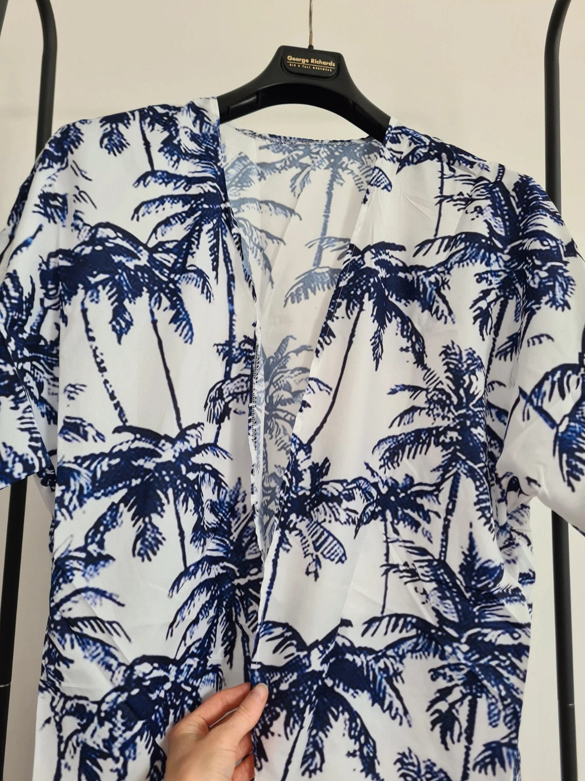 Shein women palms design shirt open front summer cover-up beach outfit lightweight white/blue XL/14