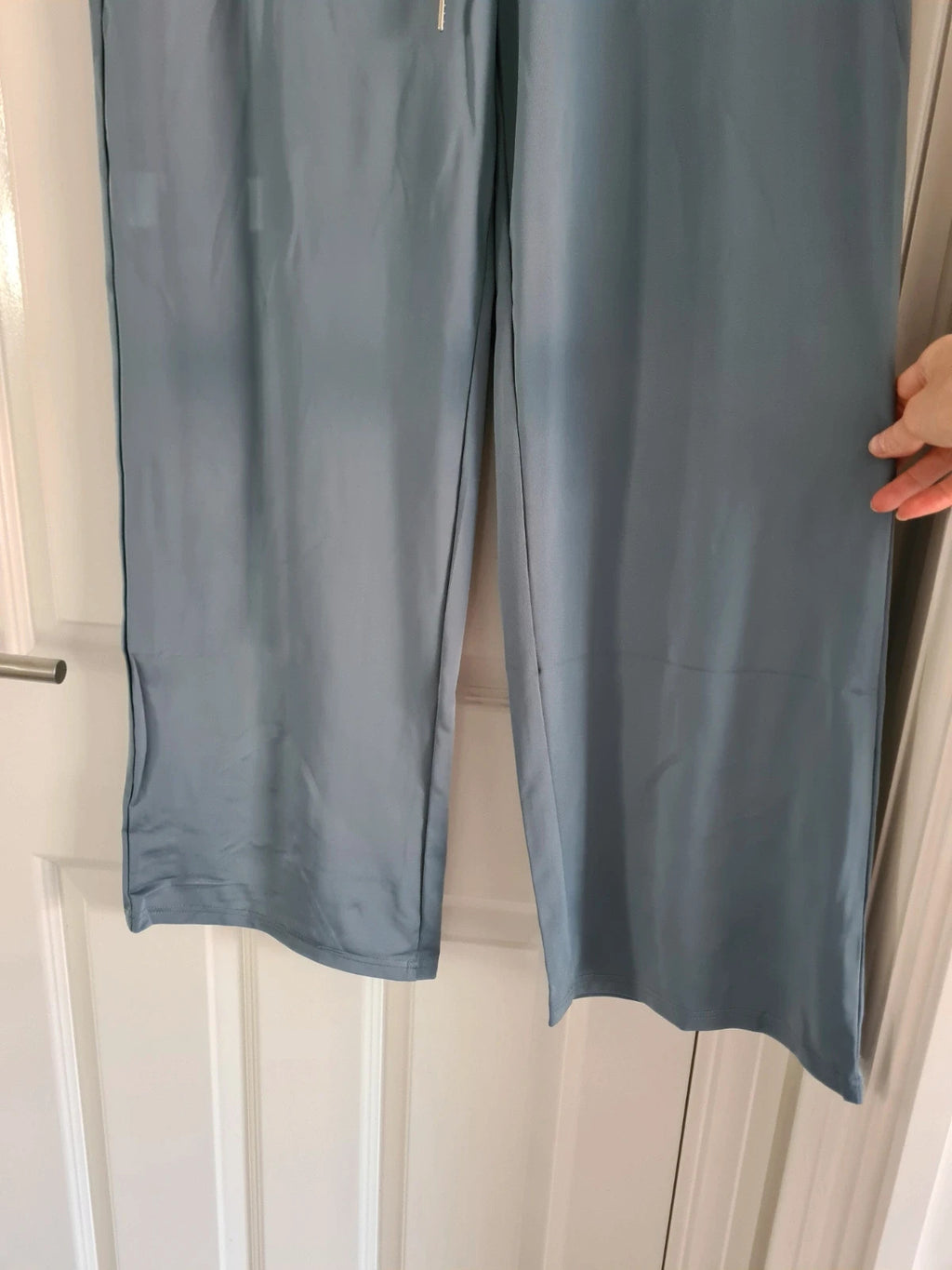 Women's 2pcs set long sleeve top wide straight leg trousers drawstring pockets blue casual lounge XL