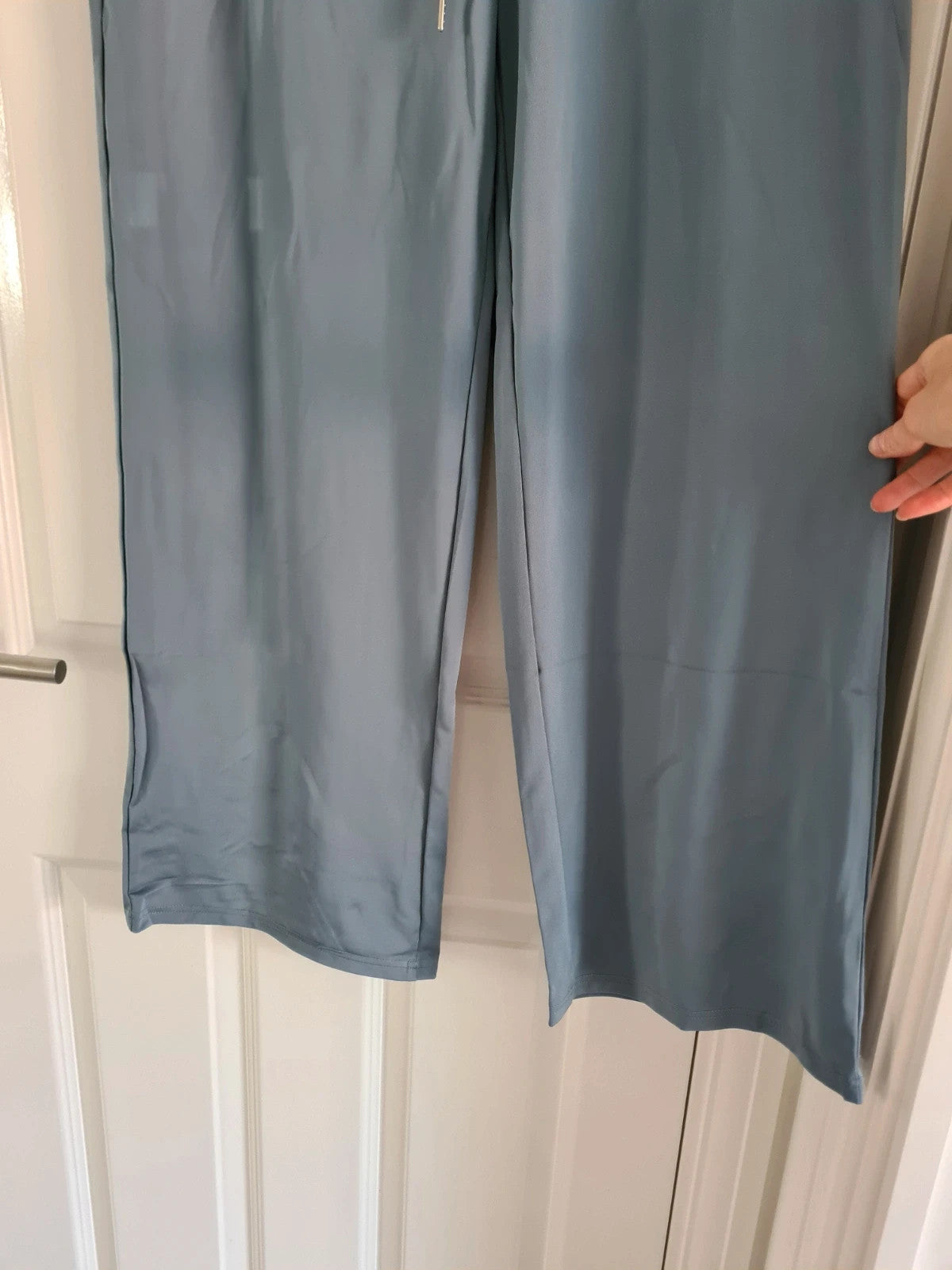 Women's 2pcs set long sleeve top wide straight leg trousers drawstring pockets blue casual lounge XL