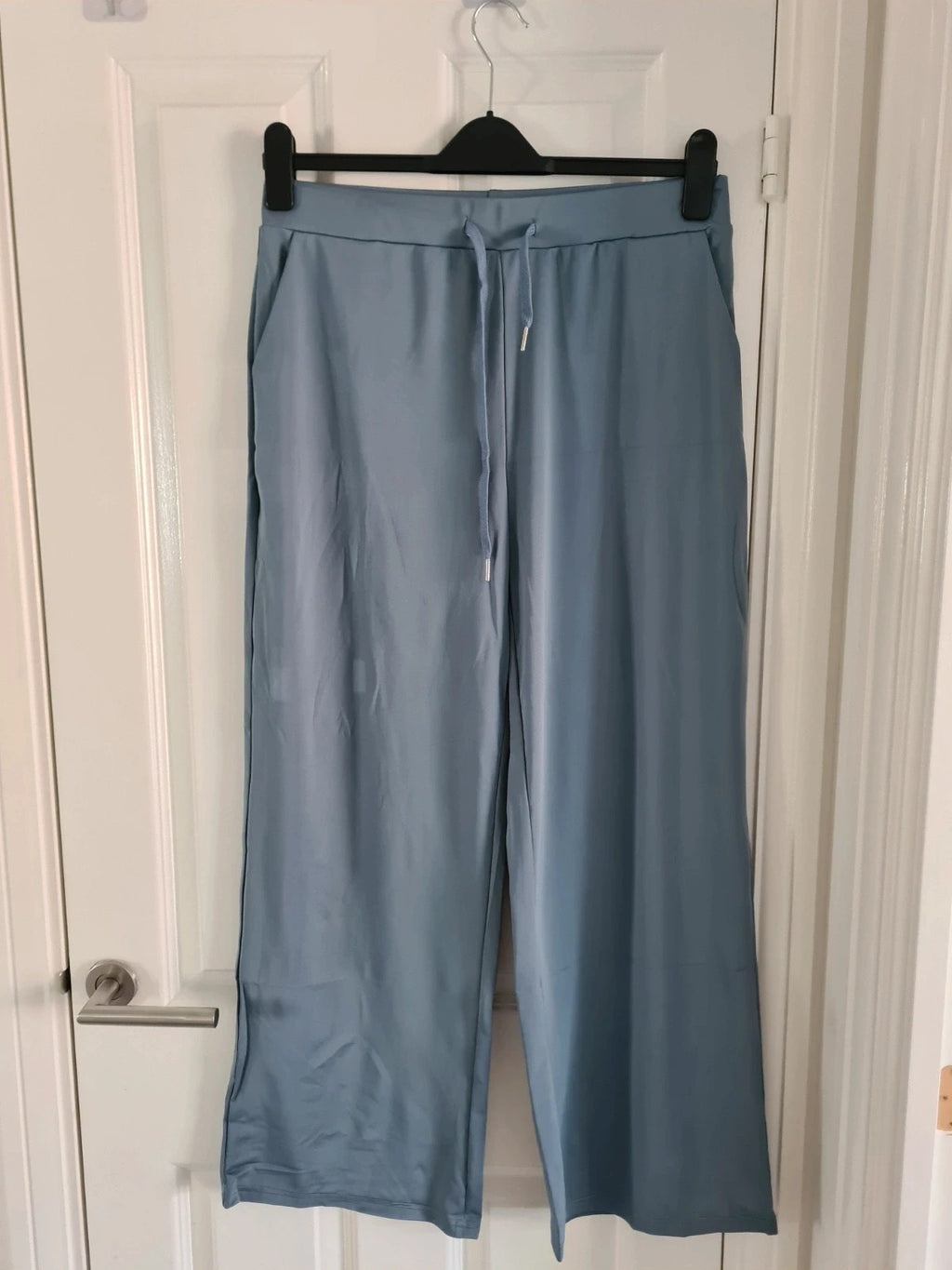 Women's 2pcs set long sleeve top wide straight leg trousers drawstring pockets blue casual lounge XL