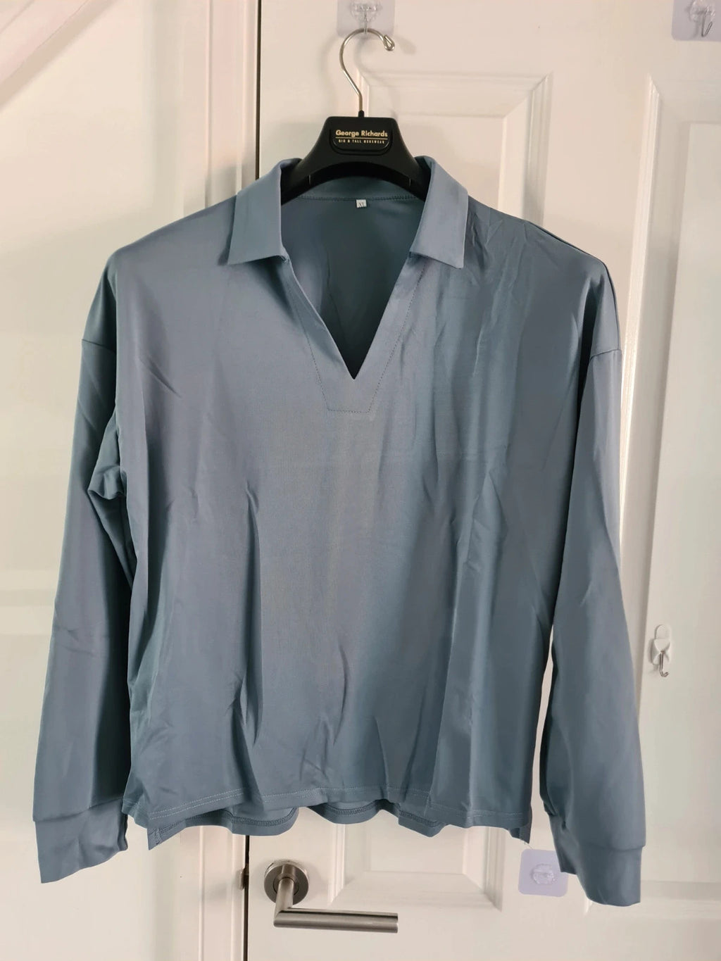 Women's 2pcs set long sleeve top wide straight leg trousers drawstring pockets blue casual lounge XL