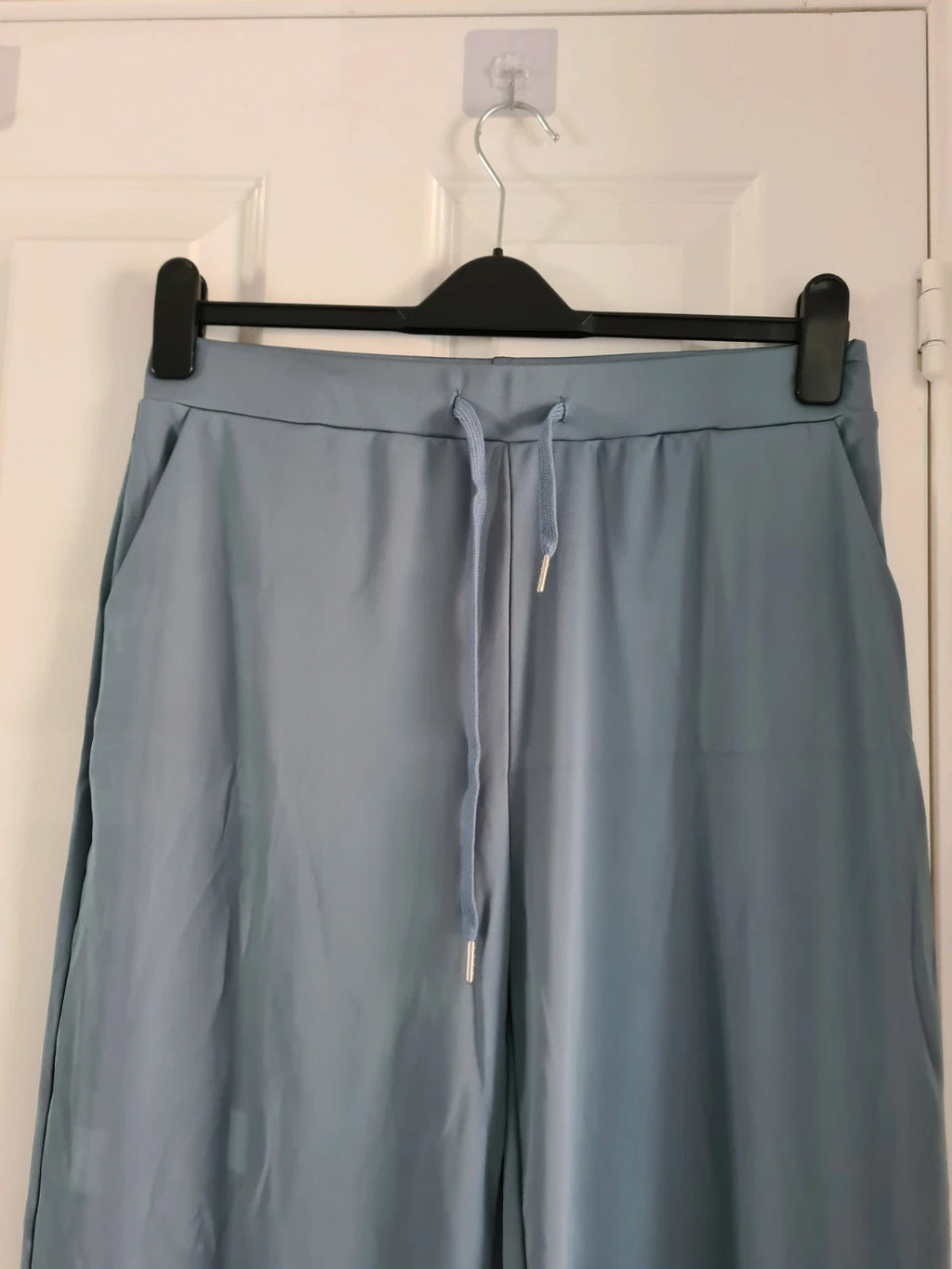 Women's 2pcs set long sleeve top wide straight leg trousers drawstring pockets blue casual lounge XL