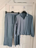 Women's 2pcs set long sleeve top wide straight leg trousers drawstring pockets blue casual lounge XL