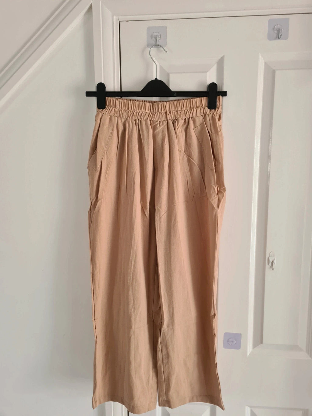 Shein women cotton blend wide straight leg trousers pockets elastic waistband casual dark beige L/12
